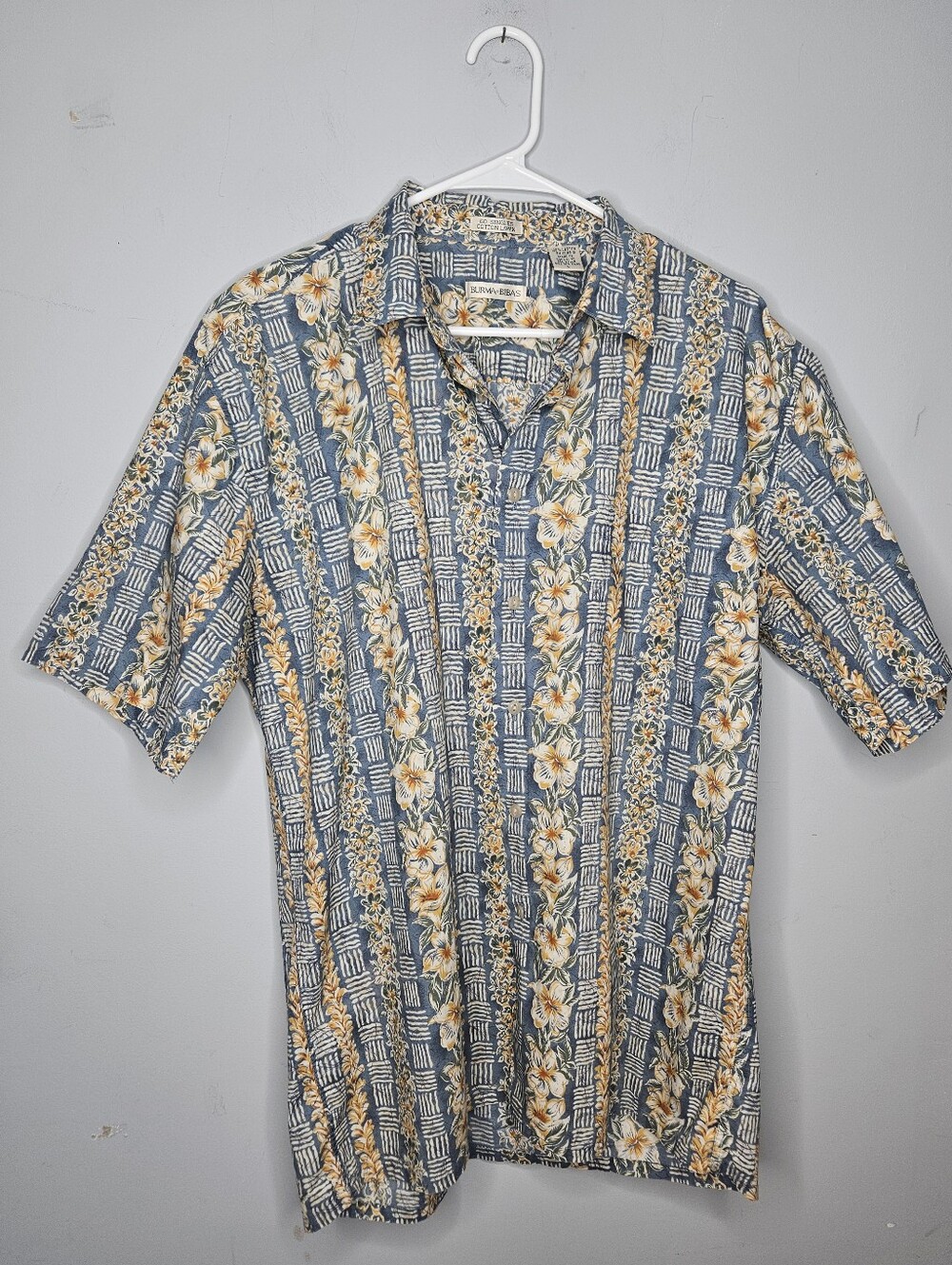 Vtg Hawaiian Burma Bibas Short-Sleeve Button Down Shirt  Blue Yellow Floral Sz L